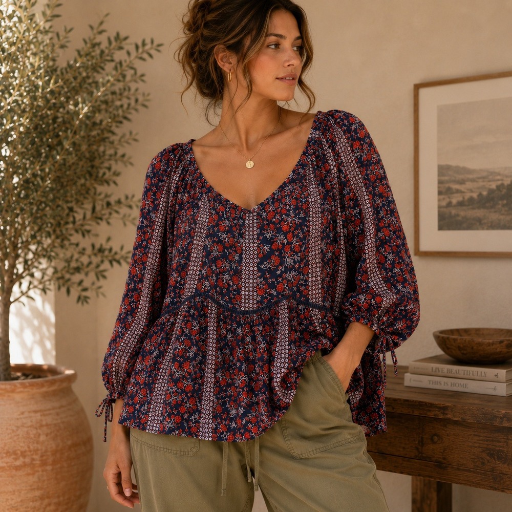 Como Vintage Navy and Red Floral Peasant Blouse